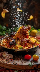 Wall Mural - Biryani, aromatic rice with marinated chicken, colorful and spicy, Indian wedding celebration