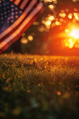 Wall Mural - Golden sunset with dewy grass and American flag, evoking a sense of honor and remembrance for Memorial Day