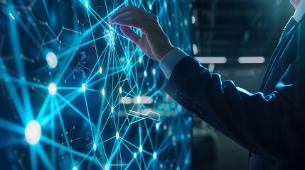 Poster - Digital information technology concept Businessman touching artificial intelligence screen : Generative AI