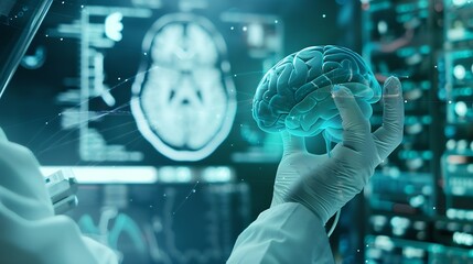 Poster - Doctor use robotic and innovative medical technology diagnose and examine patient brain with intelligence software AI Innovation medical healthcare and digital science technology in fu : Generative AI