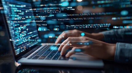 Aufkleber - Digital technology concept Man programmer working on laptop for big data management computer code on futuristic virtual interface screen data mining digital software development data s : Generative AI