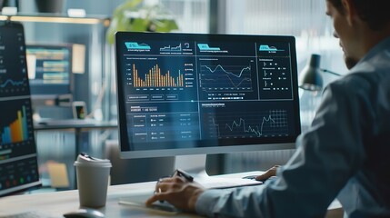 Fototapete - An analyst uses a computer and dashboard for data business analysis and Data Management System with KPI and metrics connected to the database for technology finance operations sales ma : Generative AI