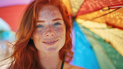 Wall Mural - Radiant woman with red hair and freckles enjoying a sunny day on a crowded beach with a colorful umbrella