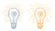 © smth.design - Two light bulb, one yellow and one blue ray. Engraving style. Vector illustration