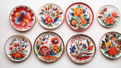 Wall Mural - eight round plates with colorful floral designs.