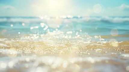 Wall Mural - Natural blurred defocused background for concept summer vacation Nature of tropical summer beach with rays of sunlight Light sand beach ocean water sparkles against blue sky : Generative AI