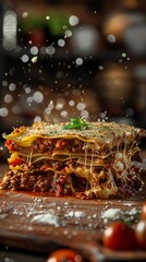 Wall Mural - Lasagna, layers of pasta, cheese, and meat sauce, bubbling hot, rustic Italian kitchen setting