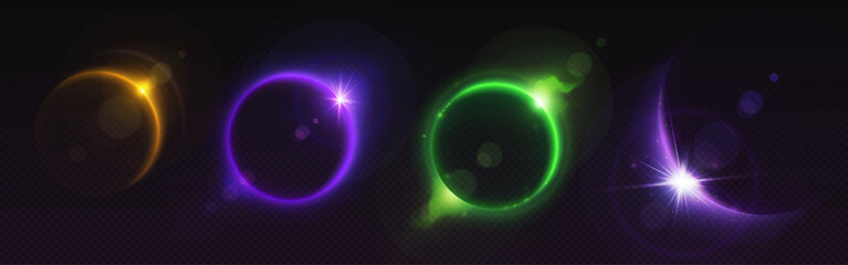Wall Mural - solar full eclipse abstract neon light circle and crescent on dark transparent background. realistic