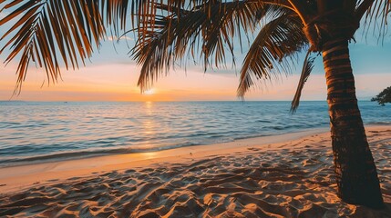 Island palm tree sea sand beach Panoramic beach landscape Inspire tropical beach seascape horizon Orange and golden sunset sky calmness tranquil relaxing summer mood Vacation travel ho : Generative AI