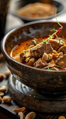 Wall Mural - Massaman curry, rich and nutty with tender beef, served in a traditional ceramic bowl, garnished with roasted peanuts, warm ambient lighting