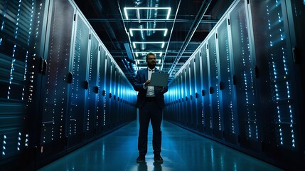 Fototapete - Futuristic Concept Data Center Chief Technology Officer Holding Laptop Standing In Warehouse Information Digitalization Lines Streaming Through Servers SAAS Cloud Storage Online Servic : Generative AI