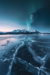 Wall Mural - A frozen lake witn cracks, there is a snowcap mountain in the background. Aurora glowing in the sky