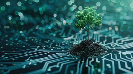 Leinwandbilder - Tree with soil growing on  the converging point of computer circuit board Blue light and wireframe network background Green Computing Green Technology Green IT csr and IT ethics Concep : Generative AI