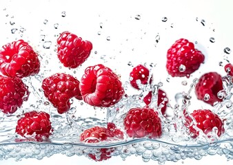 Raspberries flying in water splashes on white background.