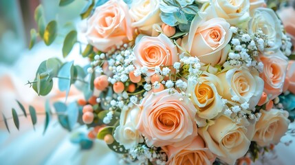 Wall Mural - Bridal arrangement Wedding flowers closeup Decoration of roses flowers and ornamental plants closeup selective focus nobody objects luxury artificial bouquet of colorful flowers for ba : Generative AI