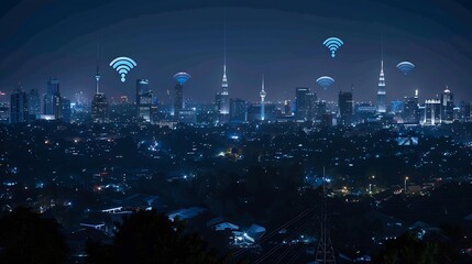 Poster - Modern city with wireless network connection and city scape conceptWireless network and Connection technology concept with city background at night : Generative AI