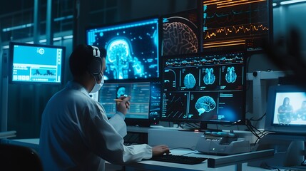Poster - Doctor use robotic and innovative medical technology diagnose and examine patient brain with intelligence software AI Innovation medical healthcare and digital science technology in fu : Generative AI