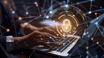 Leinwandbilder - Cyber security network Data protection concept Businessman using laptop computer with digital padlock on internet technology networking with cloud computing and data management cyberse : Generative AI