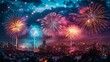 © Panupong Ws - Fireworks lighting up the sky over a cityscape on the Fourth of July, with colorful explosions illuminating the night.