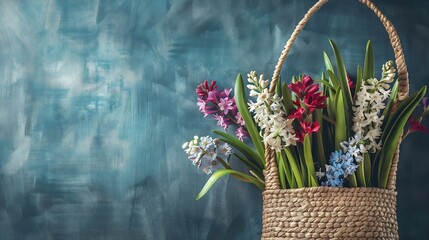 Wall Mural - Beautiful straw bag with seasonal flowers of hyacinth and carnation blossom : Generative AI