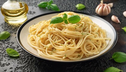 garlic and spices, spaghetti and vegetables, spaghetti with sauce and basil, Traditional italian pasta with oil and garlic on the blasck table. Italian spaghetti Aglio Olio