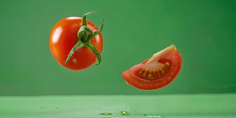 Wall Mural - A tomato and half of another tomato flying in the air, green background,