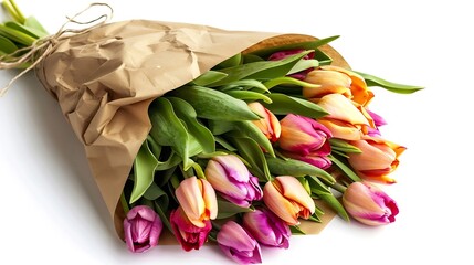 Wall Mural - Bouquet of spring tulips with different color flowers wrapped in paper for present  isolated on white background : Generative AI