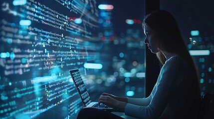 Aufkleber - Computer code hologram and woman thinking of data analytics information technology or software overlay at night Laptop solution and IT people with algorithm statistics and cybersecurit : Generative AI