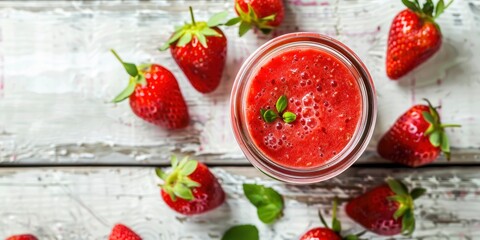 Wall Mural - Strawberry smoothie in glass jar on white wooden table.
