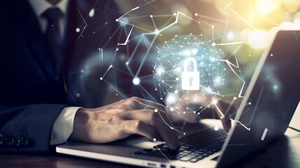 Leinwandbilder - Cyber security network Data protection concept Businessman using laptop computer with digital padlock on internet technology networking with cloud computing and data management cyberse : Generative AI