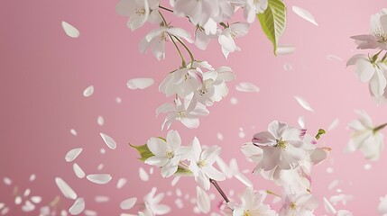 Canvas Print - A beautiful image of spring white cherry flowers flying in the air on the pastel pink background Levitation conception High resolution image : Generative AI