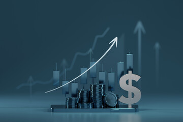 3D rendering Dollar sign and stack of coins integrated into the graph represents the financial returns and profitability associated with successful investments.