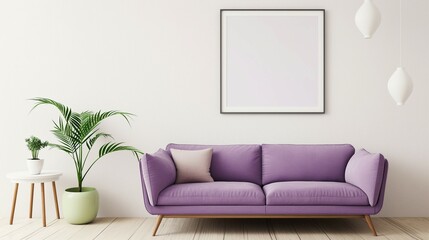 Frame mockup. Light purple sofa home interior, wall poster frame. 3D render