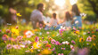 © 沈军 贡 - A happy family gathered in a natural landscape, enjoying a picnic amidst blooming flowers, lush grass, and under the warm sunlight
