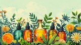 Fototapeta  -  illustration of natural cosmetic bottles with herbs and flowers on nature background