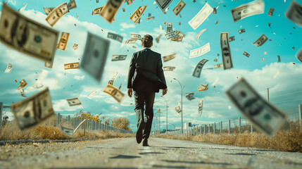 A rich businessman is walking on the road with a lot of money.