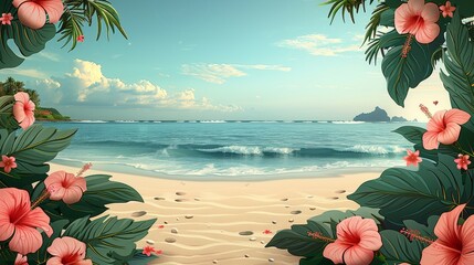 Wall Mural - Modern illustration of paradise slogan with hibiscus flowers on a beach background
