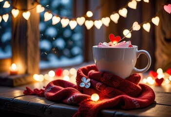 a cup, wrapped snugly in a colorful scarf, sits surrounded by an array of charming valentine's heart