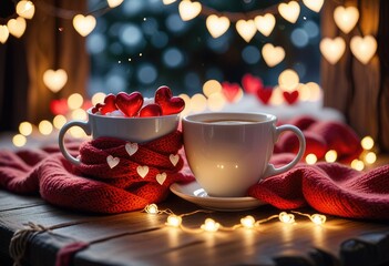 a cup, wrapped snugly in a colorful scarf, sits surrounded by an array of charming valentine's heart
