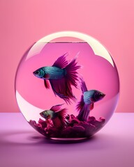 Wall Mural - Siamese fighting fish in a round glass aquarium on pink background.