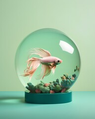 Wall Mural - Goldfish in a crystal ball on a green background. 3d rendering