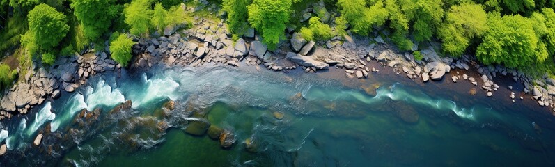 Wall Mural - the middle of a forest. Aerial view of tranquil river reflecting sky, amid lush green