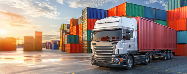 A large white semi truck is driving down a road next to a large stack of red shipping containers