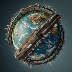 Wall Mural - Round globe with trains, rails and railway. Earth planet.