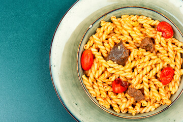 Poster - Pasta or macaroni with meat.