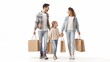 © YURIMA - A happy family is seen shopping, smiling, and making memories together against a white background. They express love, joy, and togetherness as they bond and create moments of happiness