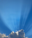 Fototapeta Tulipany - Sunbeam through the haze on blue sky, vertical