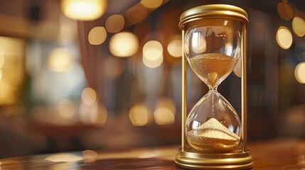 An hourglass filled with sand sits on a wooden table, counting down time. Generative AI