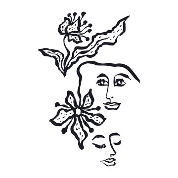 One single line ink drawing of abstract female face and flowers isolated on white. Monochrome minimalist portrait. Modern trendy fashion sketch of woman head