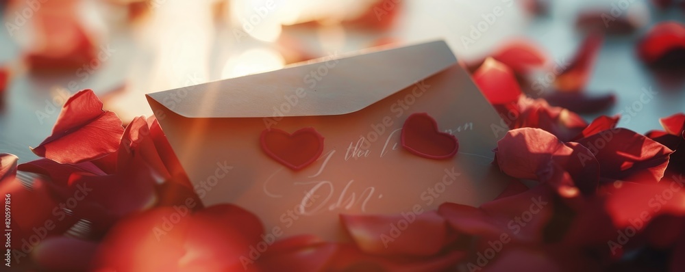 Romantic love letter envelope with red heart cutouts amidst red rose ...